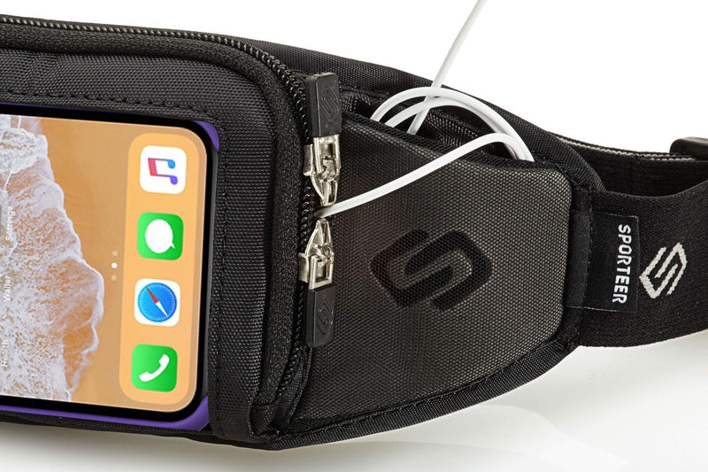 Sporteer Kinetic K1 Running Belt Waist Pack - Compatible with iPhone 13 Pro Max, 13 Pro, 13, 12/11 Pro Max, Xs Max, XR, X, 8 Plus, Galaxy S20 Plus, 10 Plus, Note 10+, 9, S9+, Pixel 4 XL, LG, Moto - Fits Cases