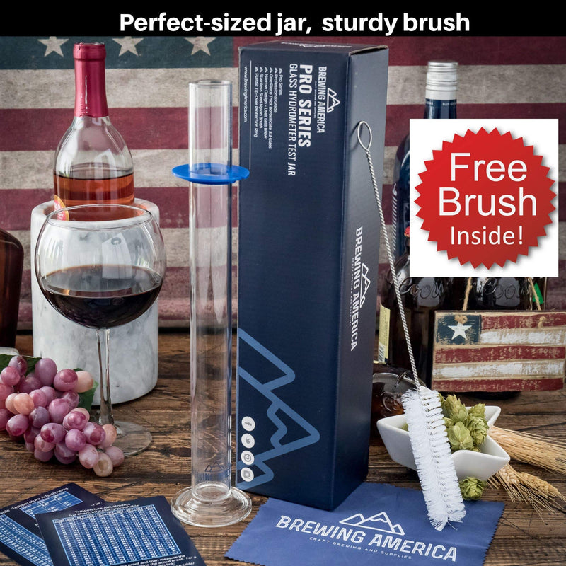 Glass Hydrometer Test Tube Jar & Cylinder Brush - Narrow Flask for Alcohol Testing Moonshine, Homebrew Beer, Home Wine Making Kits, Borosilicate Glass 3.3