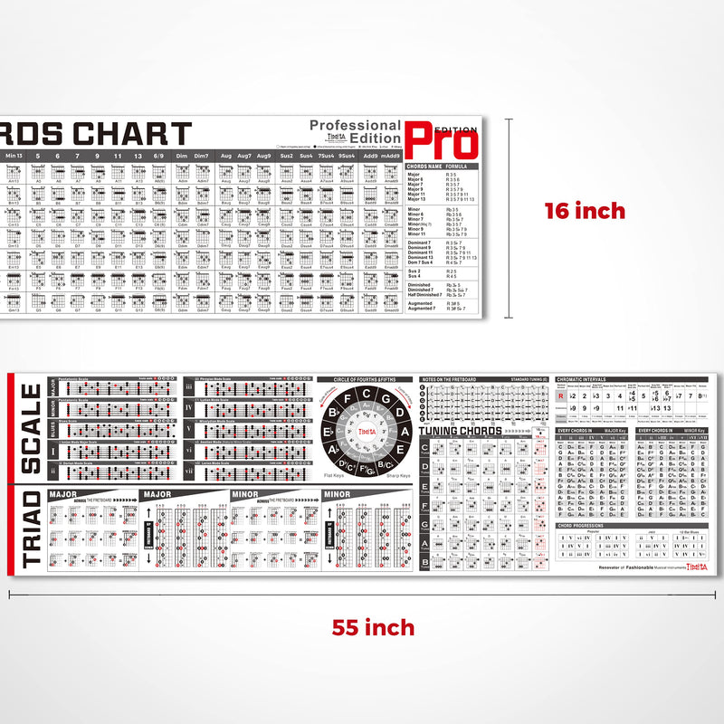 Guitar Chord Poster Chart of Guitar Chords Scales Triads Tone, Laminated Guitar Chord Chart Poster Bundle ( Set of 2 ) for Guitar Beginner Adult or Kid to Learn Acoustic Electric Guitar, Waterproof 16'' x 55''