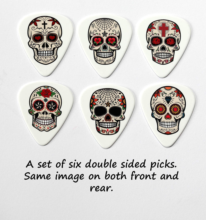 6 Sugar Skull Day Of The Dead Guitar Picks With Leather Plectrum Holder Keyring