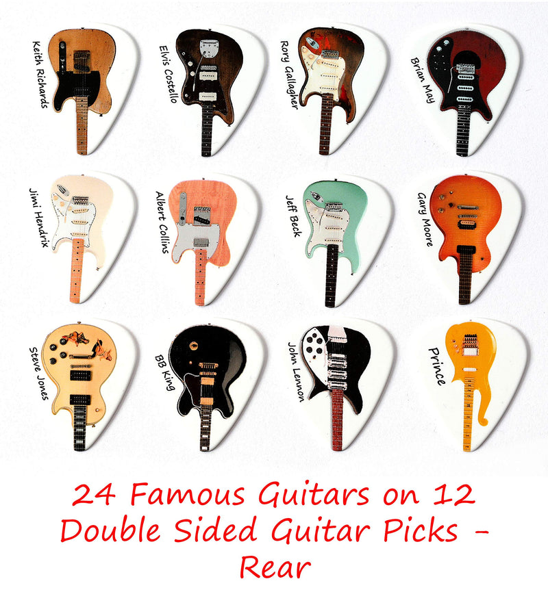 24 Famous Guitars on 12 Double Sided Guitar Picks Premium Plectrums