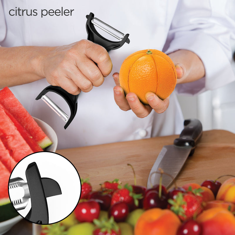 Peeler for Potato Vegetable Orange - Heavy Duty Double Sided Dual Purpose Non Slip Grip Apple Fruit Y Peeler with Ultra Sharp Stainless Steel Straight and Serrated Blades, Dishwasher Safe