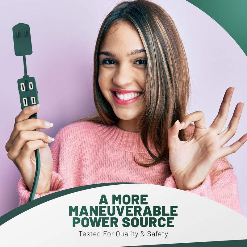 12 Feet Green Extension Cord, 3 Outlet, 2 Prong, 16 Gauge Cable, 3 Receptacle Cube Tap, Indoor use, (2 Pack) - by Revpex 12 FEET 2 PACK