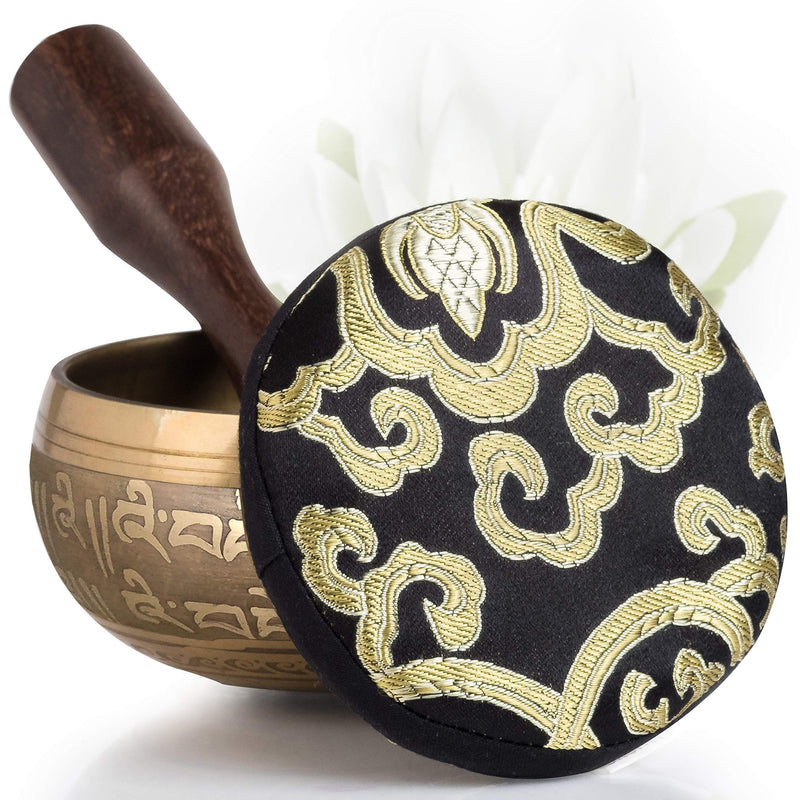 Tibetan Singing Bowl Set — Easy to Play with New Dual-End Striker & Cushion ~ Creates Beautiful Sound for Holistic Healing, Meditation & Relaxation ~ Bronze Design