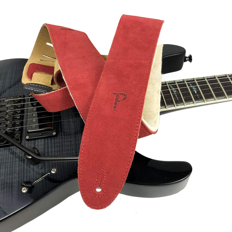 Perri’s Leathers Ltd. - Guitar Strap - Suede - Sheepskin Pad - Red - Adjustable - For Acoustic / Bass / Electric Guitars - Made in Canada (DL325S-203)