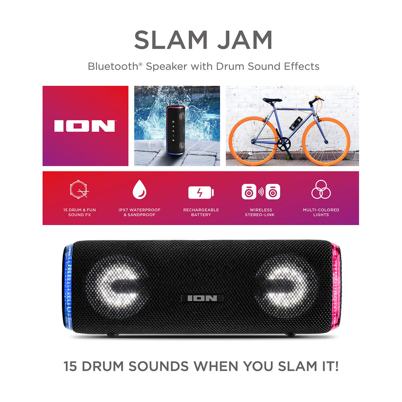 Ion Audio Slam Jam-IPX7 Waterproof Bluetooth Speaker with Microphone, Rechargeable Battery, 15 Drum Sounds, Aux Input and USB Charge Port Portable Speaker w/ Drum Sounds