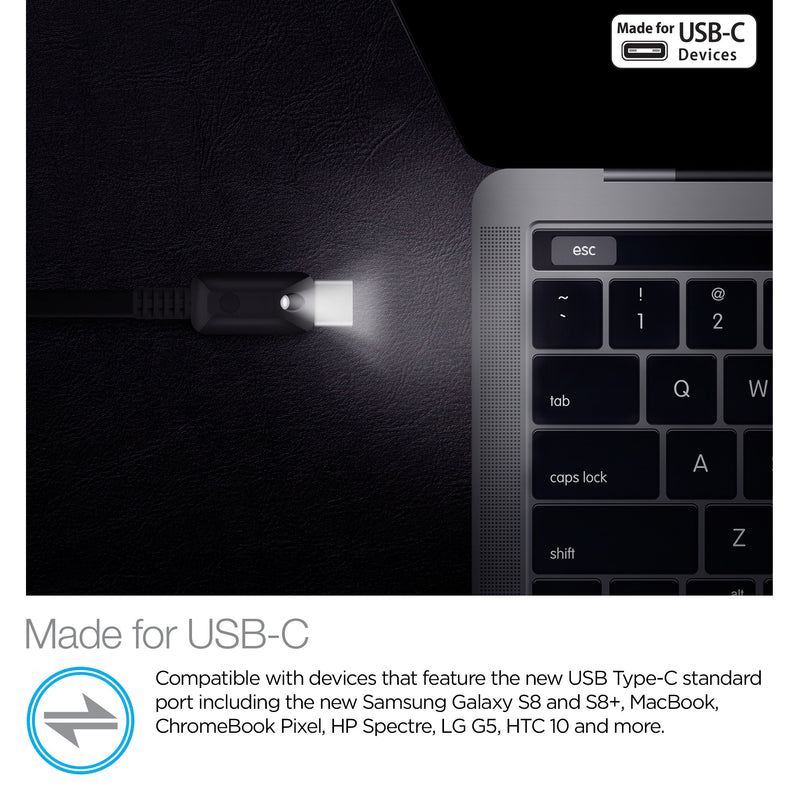 Naztech 6ft LED USB-C High-Speed Cable Transfers Data, Music, Pictures Compatible with Galaxy S21/S20/S10, Note20 5G/10, Pixel + More - Black [14064]
