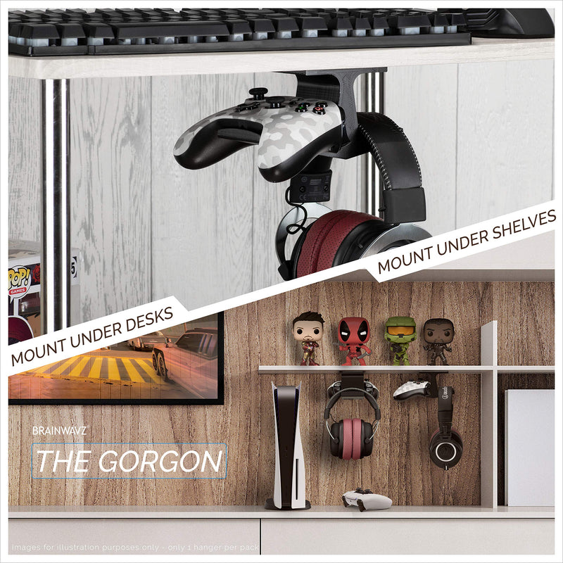 The Gorgon - Under Desk Gamepad Controller & Headphone Hanger, for Xbox, PS4, PS5, Dualshock, Series One, Steelseries, PC & Most Gaming Headsets, Screwless Holder Stand, Black by Brainwavz