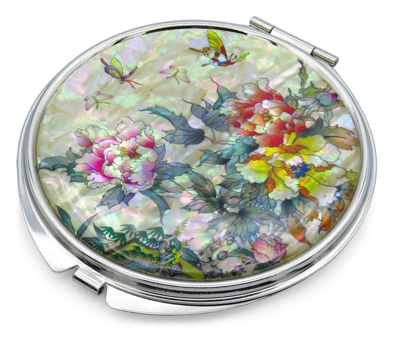 MADDesign Mother of Pearl Compact Makeup Mirror Folding Magnify Butterfly Flowers Pink Yellow