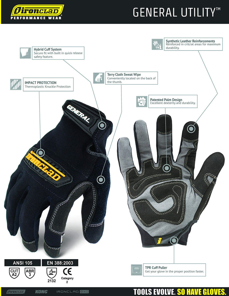 Ironclad General Utility Work Gloves GUG, All-Purpose, Performance Fit, Durable, Machine Washable, (1 Pair), Extra Small - GUG-01-XS , Black