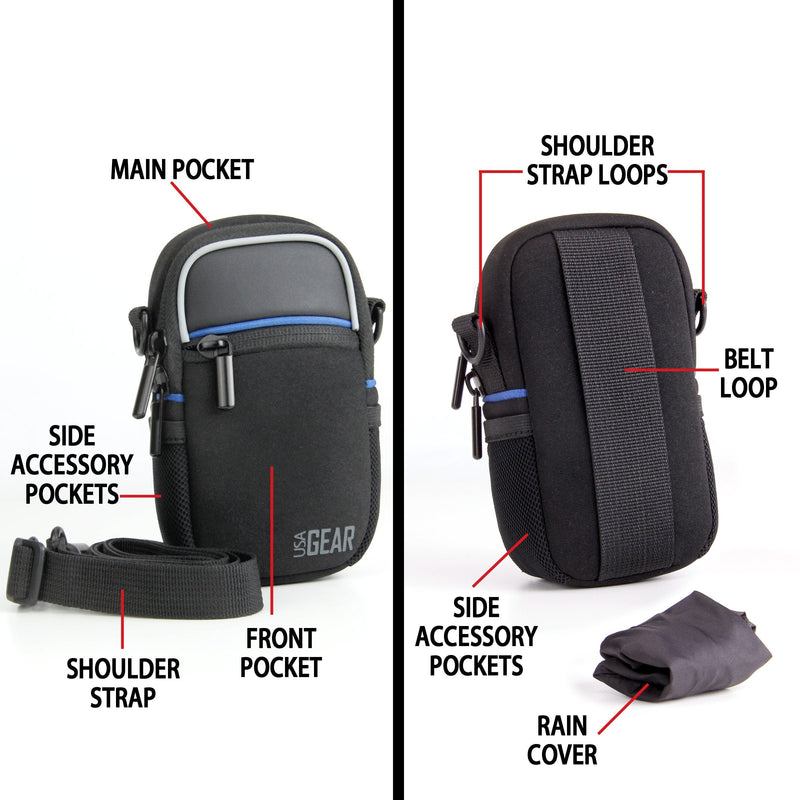 USA GEAR Compact Camera Case Point and Shoot Camera Bag with Accessory Pockets, Rain Cover and Shoulder Strap - Compatible with Sony CyberShot, Canon PowerShot ELPH, Nikon COOLPIX and More (Black) Black
