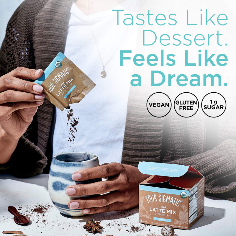 Four Sigmatic Chai Latte, Organic Instant Chai Latte with Turkey Tail, Reishi Mushrooms & Coconut Milk Powder, Support Gut & Digestion Health, Decaf + No Dairy, 10 Count