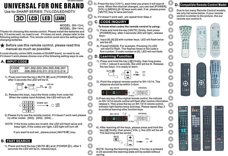 VINABTY GB004WJSA GB105WJSA GA667WJSA Remote Replacement for Sharp TV 3D Smart LED LCD HDTV TV (Model : SH-13+L)