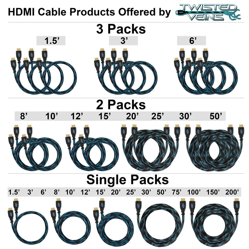 Twisted Veins HDMI Cable 6 ft, 3-Pack, Premium HDMI Cord Type High Speed with Ethernet, Supports HDMI 2.0b 4K 60hz HDR on Most Devices and May Only Support 4K 30hz on Some Devices 6 ft, 3 Pack