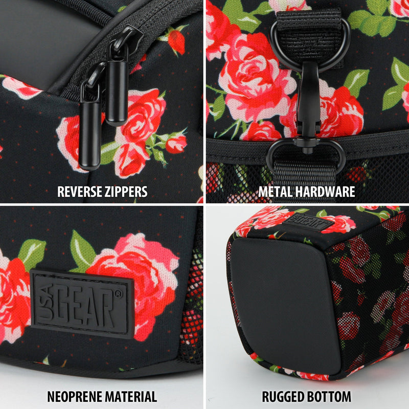 USA Gear SLR Camera Small Case Bag for Men and Women with Top Loading Accessibility, Adjustable Shoulder Sling, Padded Handle - Comfortable, Durable and Light Weight for Nikon, Canon, etc (Floral) Floral