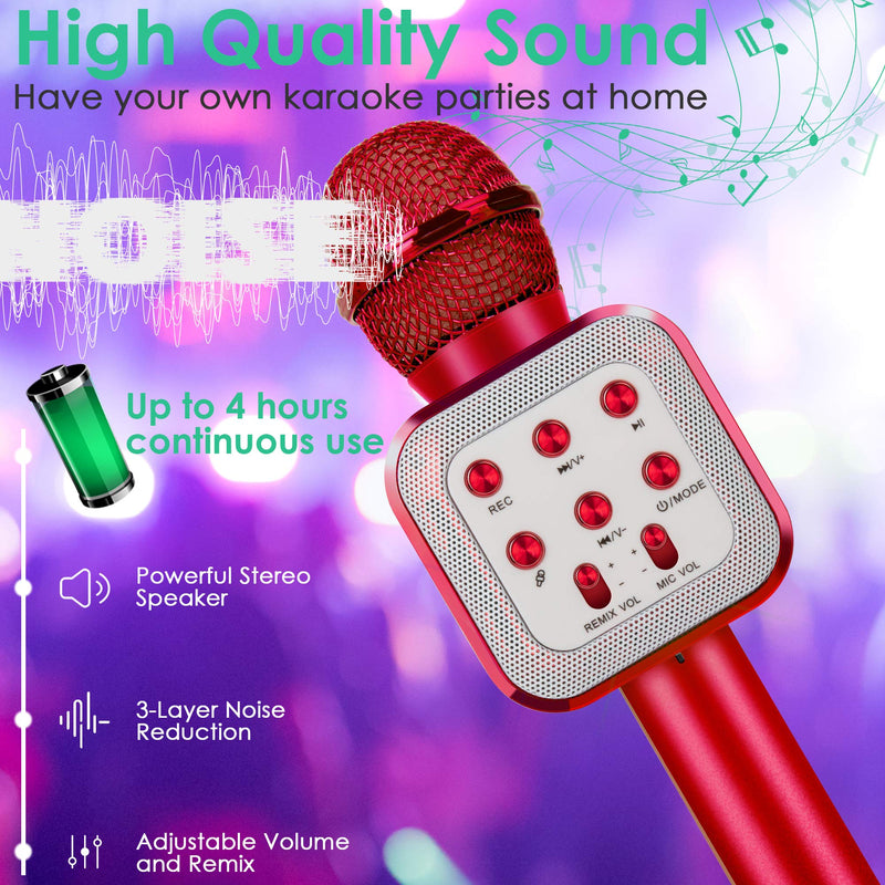 KIDWILL Karaoke Wireless Bluetooth Microphone, 5-in-1 Handheld Karaoke Mic Speaker With Adjustable Remix, LED Lights, FM Radio, Portable Microphone Toy Best Gift for Kids Girls Boys-Red Red