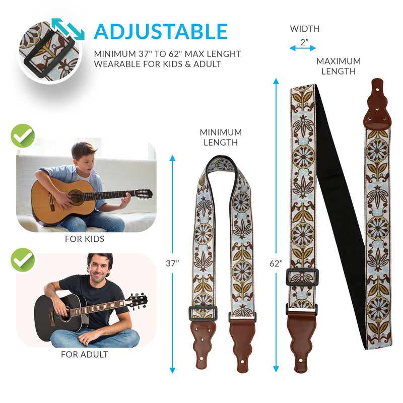 Guitar Strap Vintage Woven W/FREE BONUS- 2 Picks + Strap Locks + Strap Button. For Bass, Electric & Acoustic Guitars. Unique Practical Christmas Guitar Gifts & Stocking Stuffer For Guitar Players White Woven
