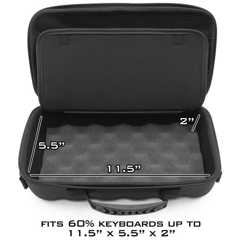 CASEMATIX 60% Keyboard Case for 61 Key Mechanical Keyboards up to 11.5" - Protective Hard Shell Travel Case with Shoulder Strap, Padded Divider and Accessory Storage, Black