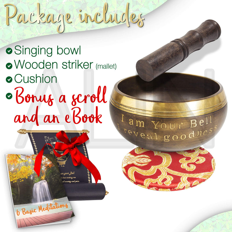 Tibetan Singing Bowl Meditation Gift Set – With Bowl, Mallet and a Silk Cushion – Instructions eBook with 6 Basic Meditations