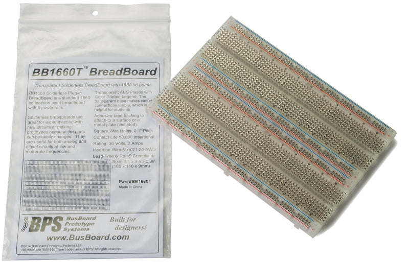 BusBoard Prototype Systems BB1660T Transparent Solderless Plug-in BreadBoard, 1660 tie-Points, 8 Power Rails, 6.5 x 4.4 x 0.3in (165 x 110 x 9mm)