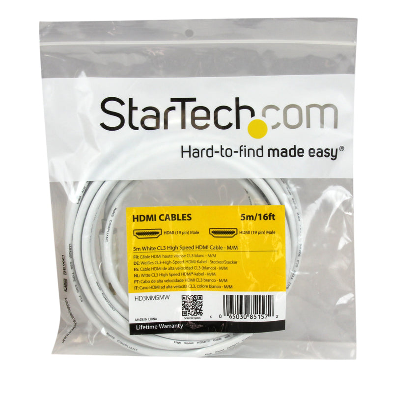 StarTech.com 5m 16 ft White CL3 In-wall High Speed HDMI Cable - Ultra HD 4k x 2k HDMI Cable - HDMI to HDMI M/M - Audio/Video, Gold-Plated (HD3MM5MW) 5m / 16.4ft CL3 Rated