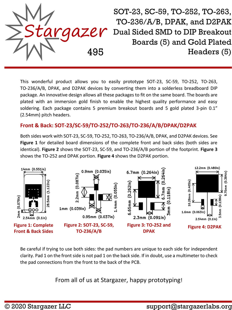 Stargazer SMD to DIP Breakout for SOT-23, SC-59, TO-252, TO-263, TO-236/A/B, DPAK, and D2PAK with Gold Plated Headers [5 Pack]