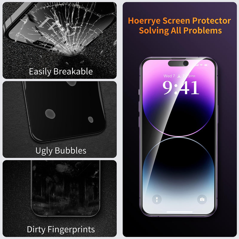 Hoerrye 3 Pack Privacy Screen Protector for iPhone 14 Pro Max,28°Anti-Spy Anti-Blue Light HD Tempered Glass Film 2.5D Full Coverage Bubble Free Waterproof Anti-Scratch 3 Pack Privacy & Anti-Blue Light