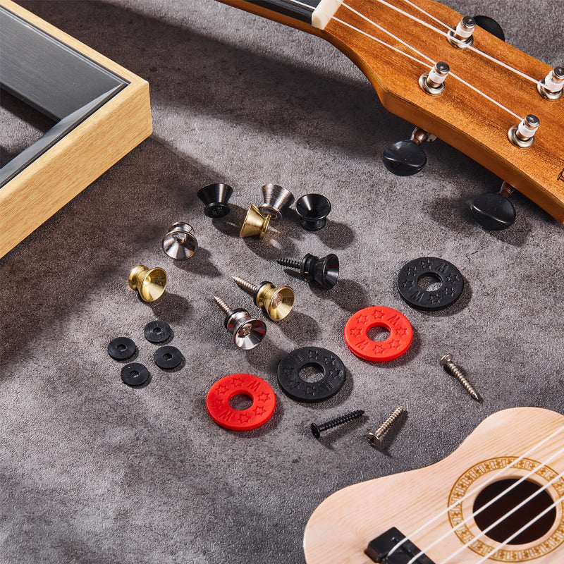 20 Pcs Guitar Strap Part Includes 6 Pair Metal Guitar Strap Buttons Locks End Pins with Mounting Screws and 4 Pair Guitar Strap Washer Blocks for Acoustic Electric Guitar Bass Ukulele, Flat Head