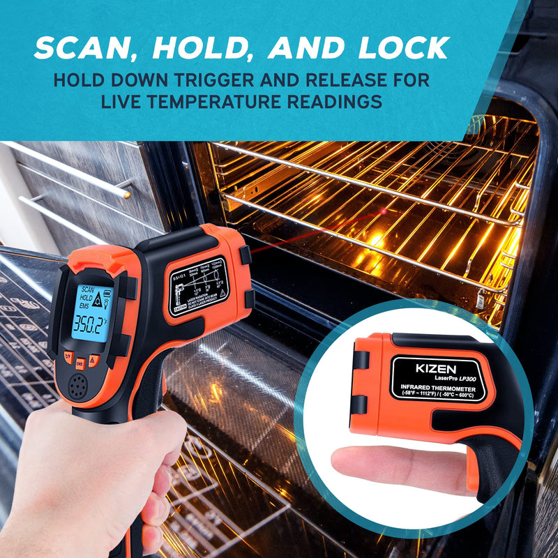 KIZEN Infrared Thermometer Gun (LaserPro LP300) - Handheld Heat Temperature Gun for Cooking, Pizza Oven, Grill & Engine - Laser Surface Temp Reader -58F to 1112F - NOT for Humans Orange