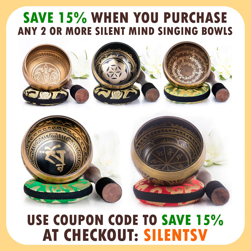 Tibetan Singing Bowl Set — Easy to Play with Cushion & New Dual-End striker for Holistic Healing, Calming & Mindfulness ~ Bronze Mantra Design