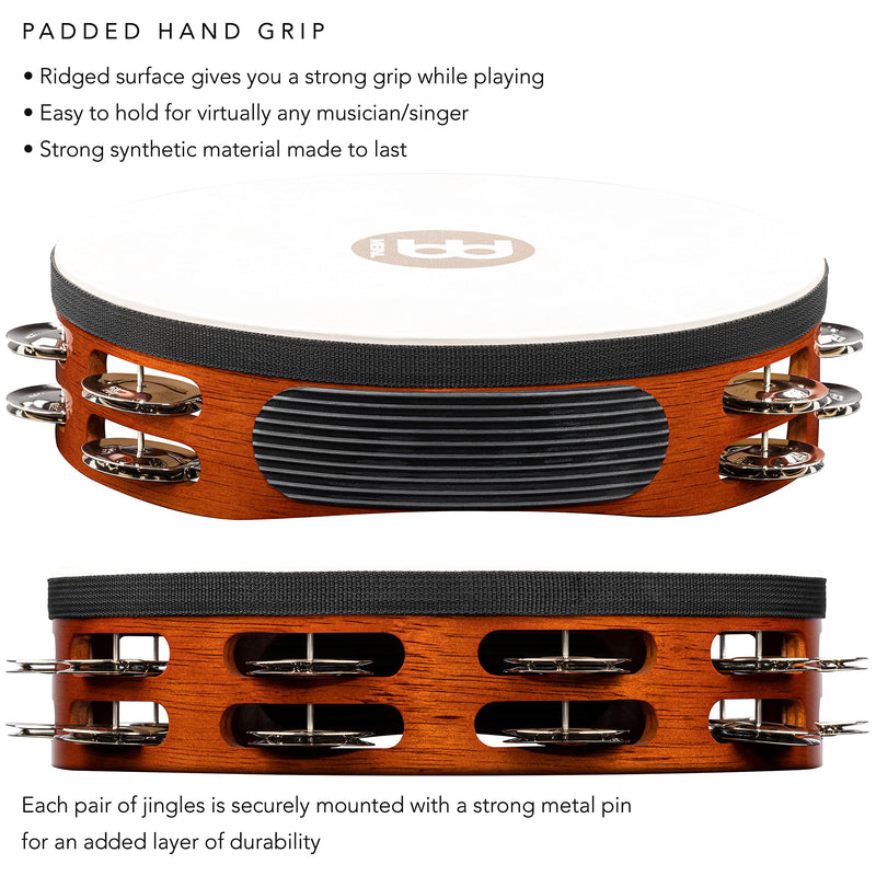 Meinl Percussion TAH2AB Traditional 10-Inch Wood Tambourine with Goat Skin Head and Steel Jingles, 2 Row Double Row Headed