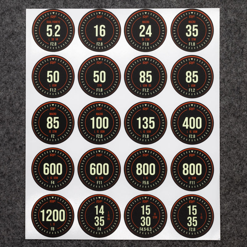 CameraCals: Camera Rear Lens Cap Sticker with Focal Length Indicator for Canon RF & RF-S Lenses - Matte, Glows in The Dark, 1.81" x 1.81" Vinyl Adhesive Stickers, 2023