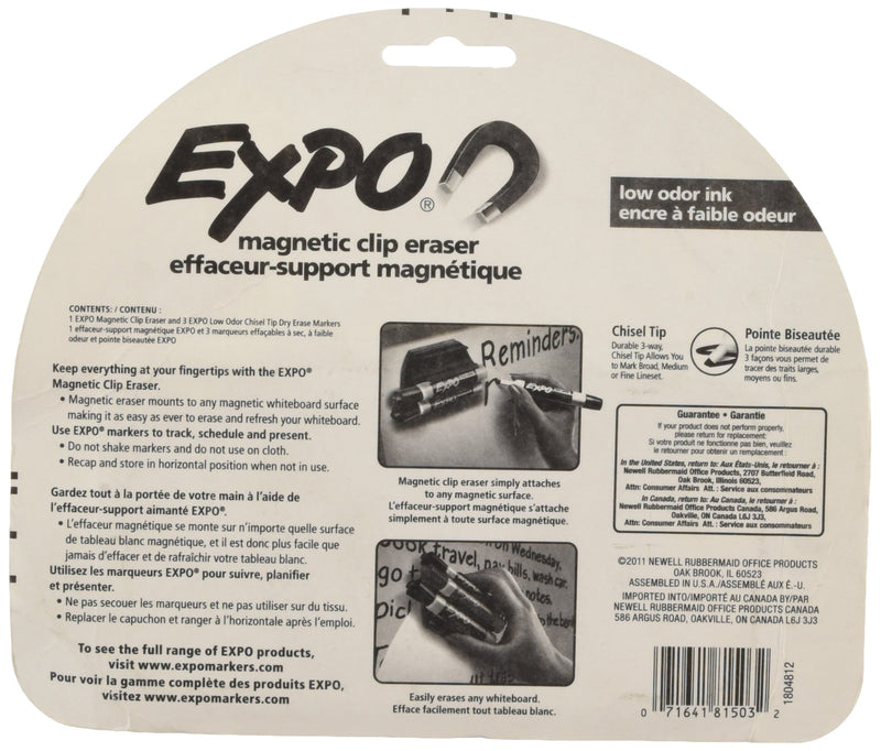EXPO 81503 Magnetic Low Odor Markers, Chisel Tip, Assorted Colors, 3-Count with Magnetic Clip 3-Ct with Magnetic Eraser Clip