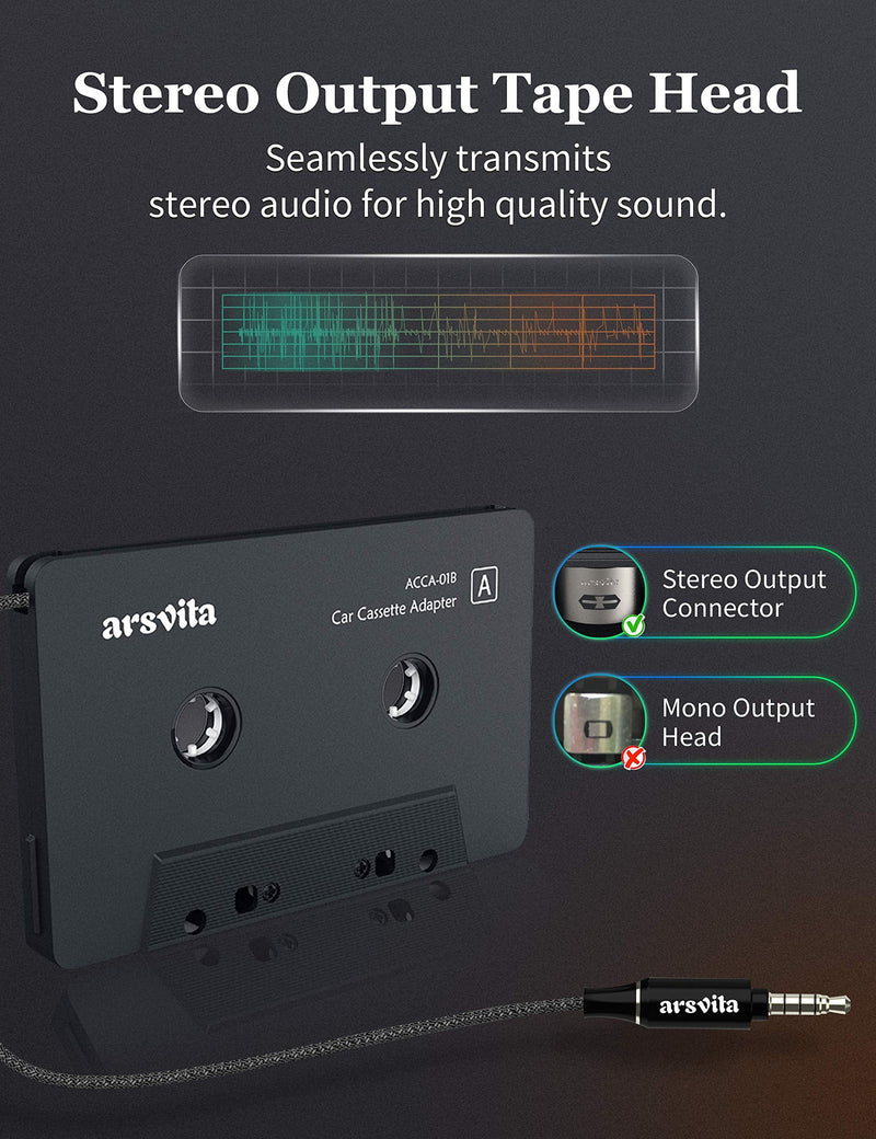 [AUSTRALIA] - arsvita Car Audio Cassette to Aux Adapter with Upgrade 3.5 MM Aux Plug, Auxiliary Nylon Cable Tape Adapter, Black 