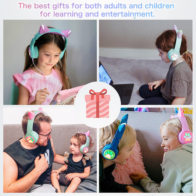 Riwbox CF9 Cat Ear Kids Bluetooth Headphones with LED Light Up,Safe 85dB Volume Limit,Built-in Mic&Boom Mic for Calls,Kids Wireless&Wired Headphones for Girls/Toddler/Online Learning/School (Purple) Pink Purple