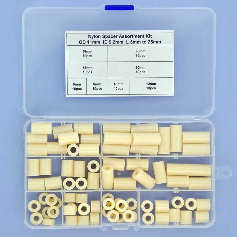 Electronics-Salon Plastic Round Spacer Assortment Kit. OD 11mm, ID 5.2mm, L 5 to 25mm, for M5 Screws. Length 5mm 8mm 10mm 12mm 15mm 18mm 20mm 25mm, Plastic ABS Standoff.