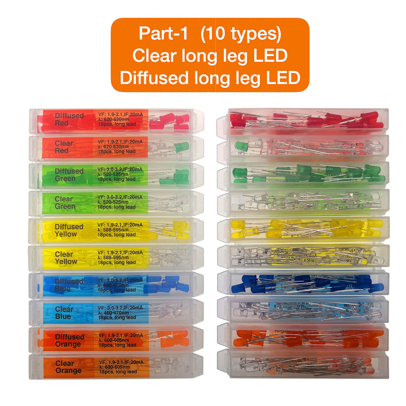 EEEEE (20 Types) 301pcs Long Lead 5mm Mini LED Lights Emitting Diode Assortment Kit for Tiny Small Miniature Arduino Accessories and Lighting Model with Assorted Clear Dual RGB WS2812B Diodes