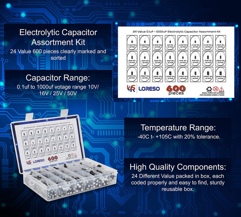 Electrolytic Capacitor Assortment Kit Box by Loreso 600pcs 24 Value - Electrolytic Capacitors 0.1uf to 1000uf 50V, for Aurdiono Hobby Electronics, Audio-Video Project Electronic Repair