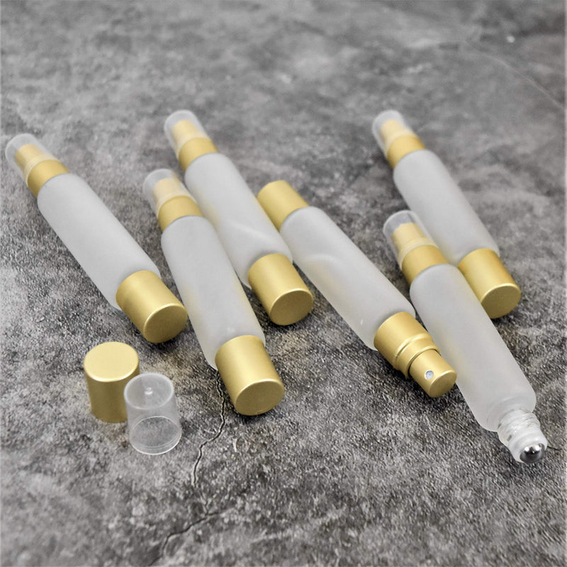 Essential Oil Roller-Sprayer Duo Bottles - Double Ended Stainless Steel Roller Ball / Fine Mist Sprayer, 10ml Frosted Clear Glass, Leak Proof, Smooth Application of Oils, 6 pack - Sold by Holistic Oils