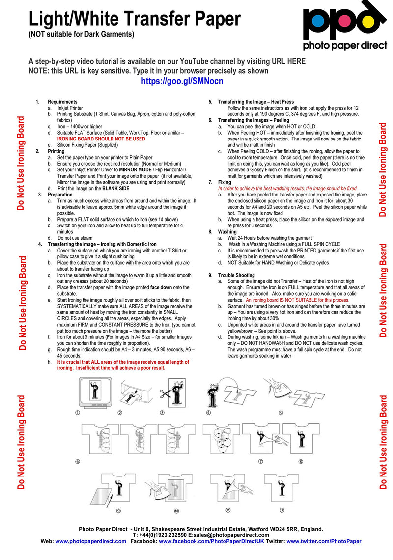 PPD Inkjet PREMIUM Iron-On White and Light Color T Shirt Transfers Paper LTR 8.5x11” Pack of 10 Sheets (PPD001-10)