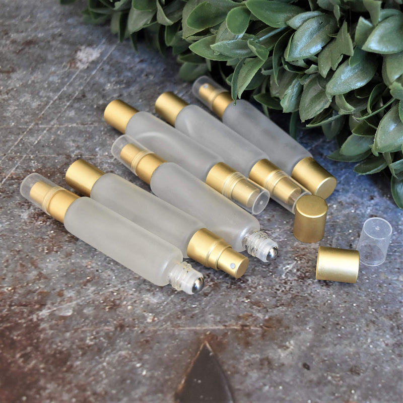 Essential Oil Roller-Sprayer Duo Bottles - Double Ended Stainless Steel Roller Ball / Fine Mist Sprayer, 10ml Frosted Clear Glass, Leak Proof, Smooth Application of Oils, 6 pack - Sold by Holistic Oils