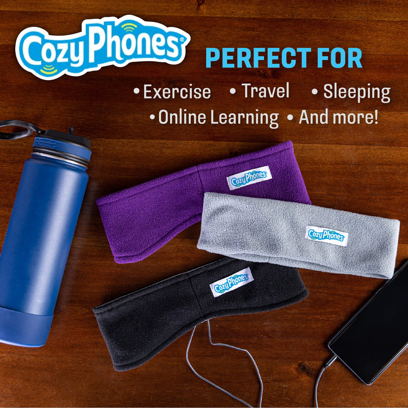 CozyPhones Over The Ear Headband Headphones - Sleep Headphones & Travel Bag, Lycra Cool Mesh Lining and Thin Speakers - Black with Blue Liner