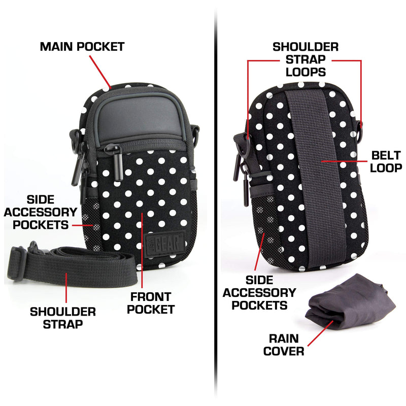 USA GEAR Compact Camera Case (Polka Dot) Point and Shoot Camera Bag with Accessory Pockets, Rain Cover and Shoulder Strap-Compatible with Sony CyberShot, Canon PowerShot ELPH, Nikon COOLPIX and More Polka Dot