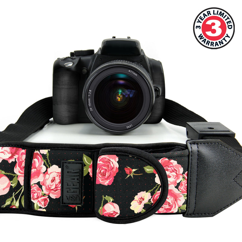 USA GEAR Camera Sling Shoulder Strap with Adjustable Neoprene, Safety Tether, Accessory Pocket, Quick Release Buckle - Compatible with Canon, Nikon, Sony and More DSLR and Mirrorless Cameras (Floral) Floral