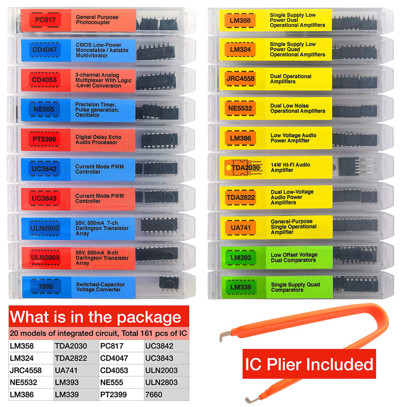 EEEEE IC kit 161 pcs, 20 Models Chip Assortment Set Analog Integrated Circuits Electronics Parts Opamp Pack, 555 Timer Components, Op Amp, Oscillator, Pwm, IC Plier Included UA741 LM358 and More.