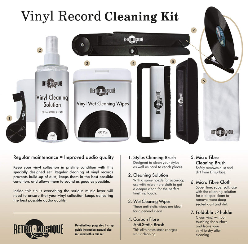 Retro Musique Complete Vinyl Record Cleaning Kit, Housed in a Retro Metal Tin. Includes Everything You Could Possibly need! Stylus Brush, Carbon Fibre Anti Static Brush, Micro Fibre Brush and more Retro Musique Cleaning Kit