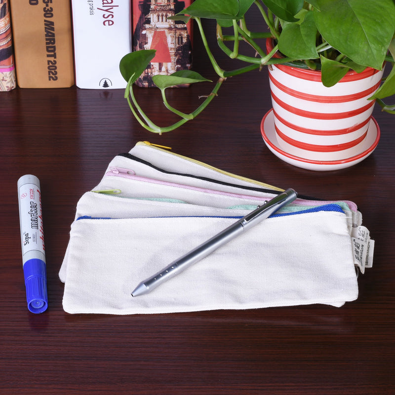 BCP pack of 5 DIY Decoration Canvas Zipper Pencil Stationary Cosmetic Pouch Bag