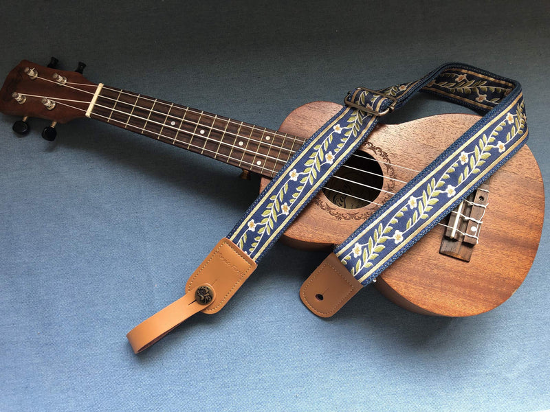 MUSIC FIRST Original Design Vintage Blue “Jasmine” Soft Meshbelt & Genuine Leather Ukulele Strap Ukulele Shoulder Strap With a MUSIC FIRST Genuine Leather Strap Locker