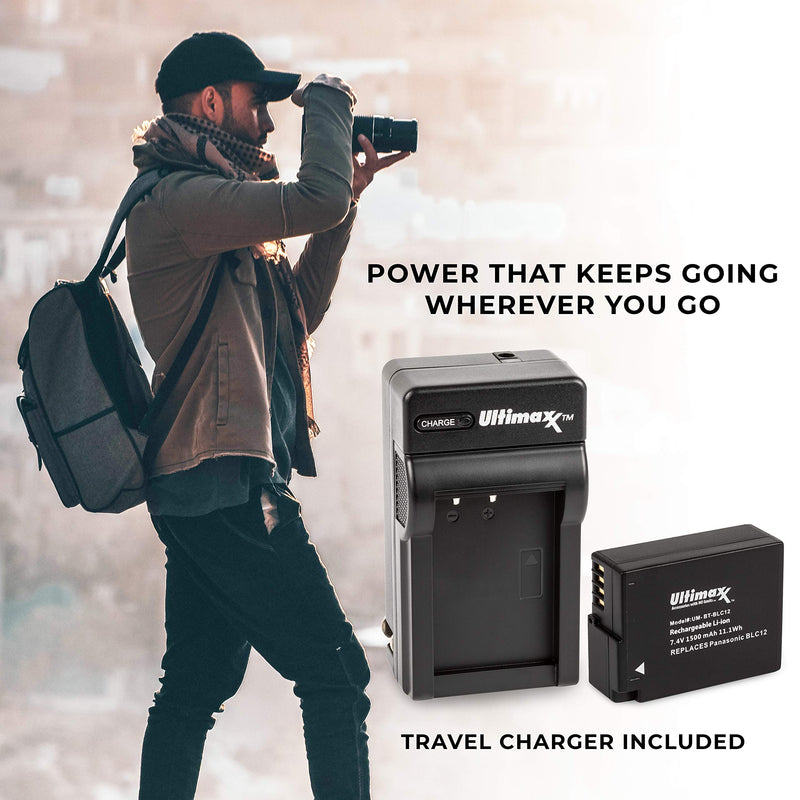 Ultimaxx AC/DC Rapid Home & Travel Charger with 2X BLC12 Extended Life Battery (1500mAh) for Panasonic Lumix DMW-FZ200, DMC-FZ1000, DMC-G5, DMC-G6, DMC-G7, DMC-GX8, DMC-G85, DMC-GH2