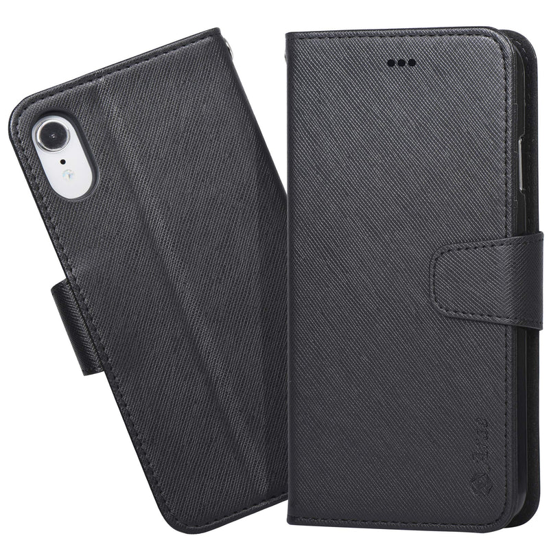 Arae Wallet Case Designed for iPhone XR PU Leather flip case Cover [Stand Feature] with Wrist Strap and [4-Slots] ID&Credit Cards Pocket for iPhone XR 6.1 inch -Black Black